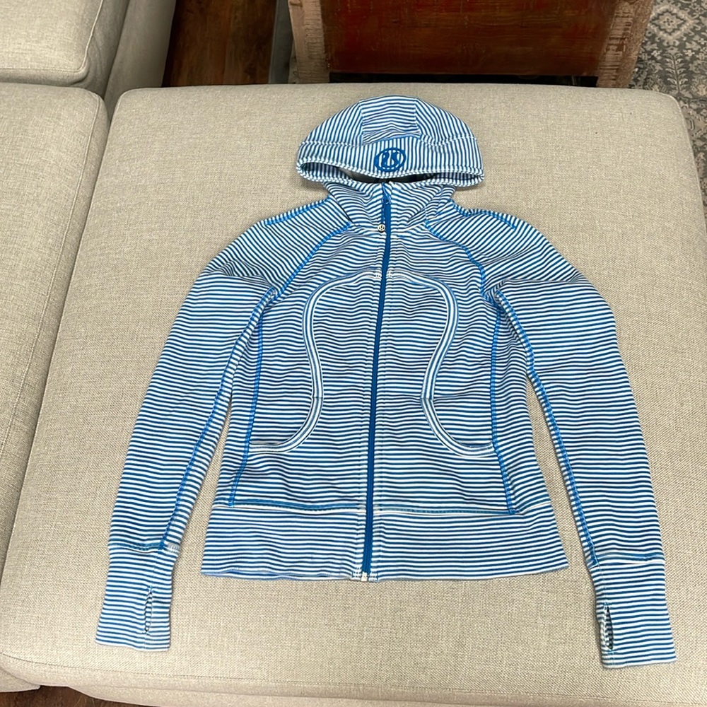 Lululemon blue and white striped scuba full zip hoodie. Size women’s 4.
